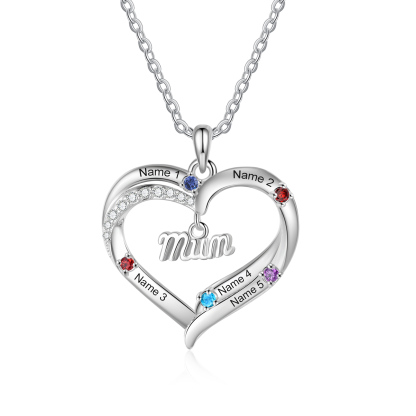 Personalised 2-5 Names Mum Nan Heart Necklace with Birthstones
