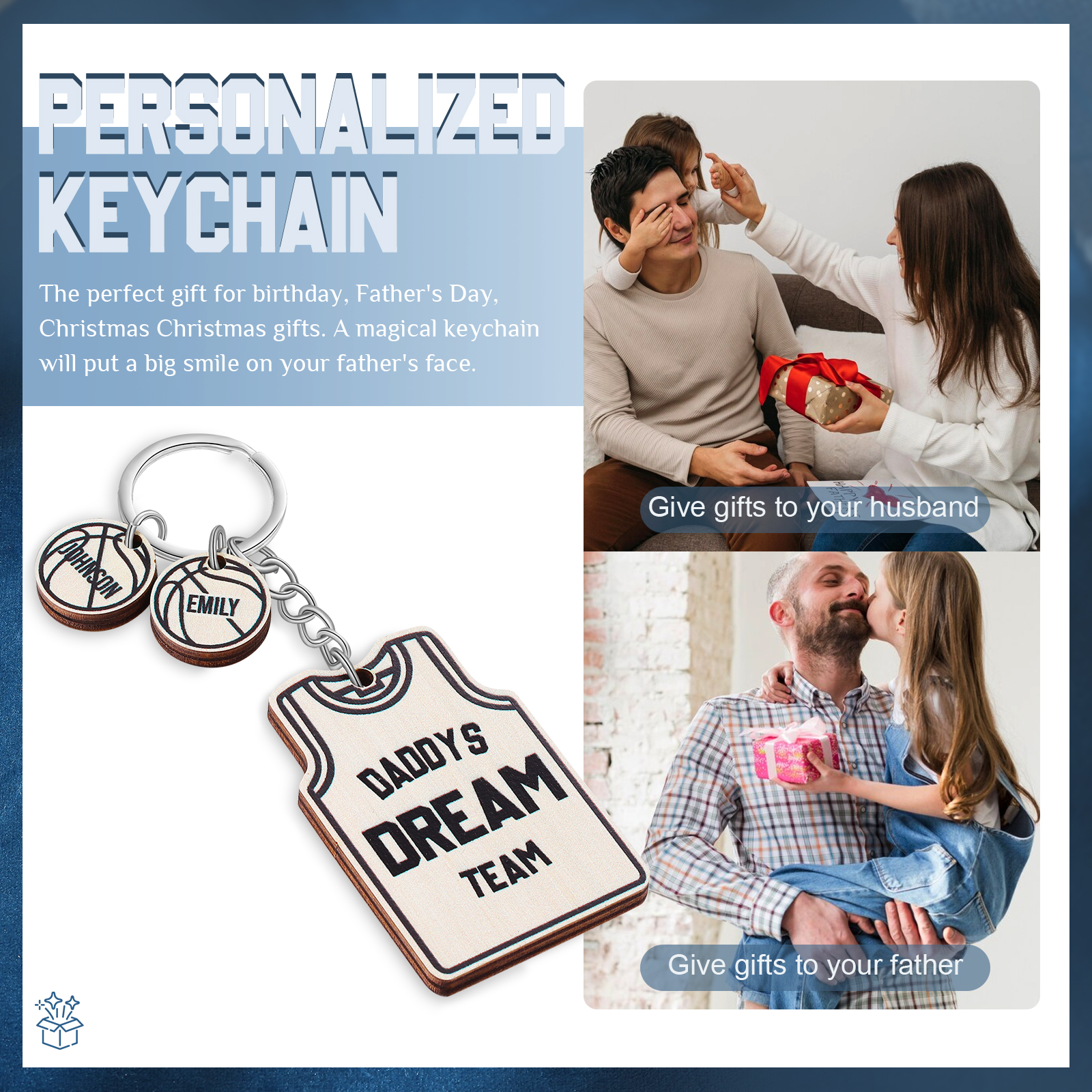 Personalised Text and 2 Names Wooden Basketball Keyring For Dad