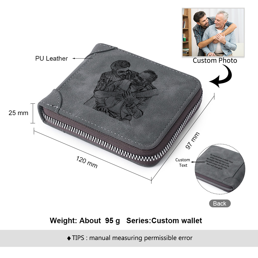 Photo Personalised Leather Zipper Men's Wallet Custom Text Fold Wallet With Gift Box for Dad