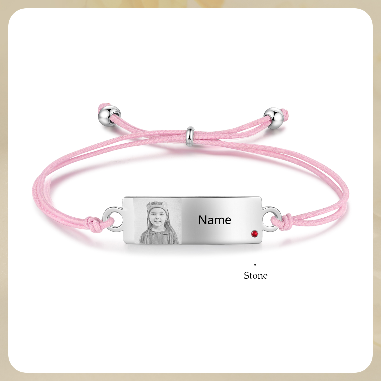 Personalized Custom Photo & Name & Birthstone Elastic Rope Stainless Steel Bracelet Adjustable Back To School Gift For Children