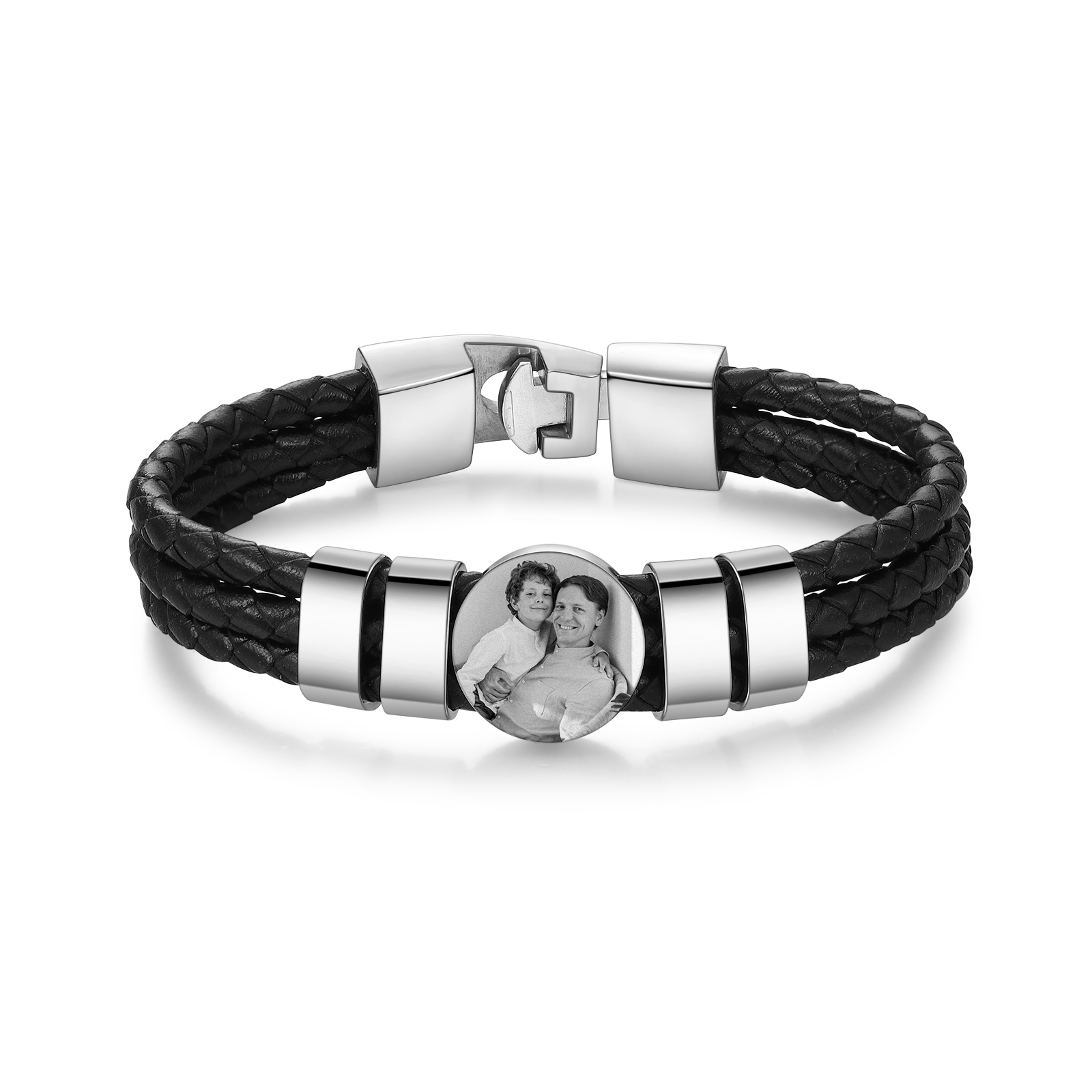 Personalised Braided Leather Bracelet Engraved with 4 Names and Customized 1 Photo Men's Bracelet for Dad