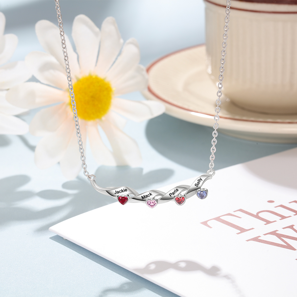Mother's Day Gifts Customized Spiral Cascading Pendant Necklace with 4 Birthstones Engraving 4 Names