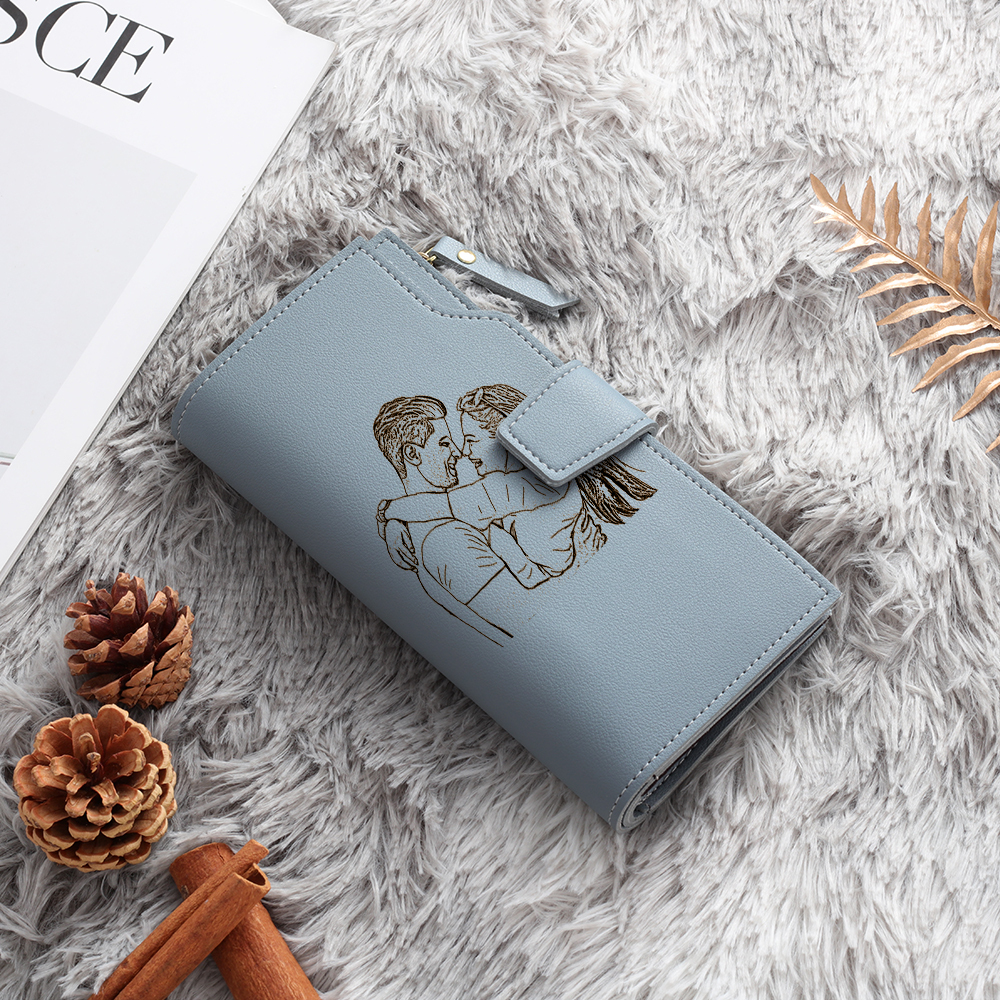 Custom Purse-Blue Personalised Leather Wallet Engraved Photo Long Purse Gifts For Women