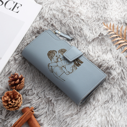 Custom Purse-Blue Personalised Leather Wallet Engraved Photo Long Purse Gifts For Women