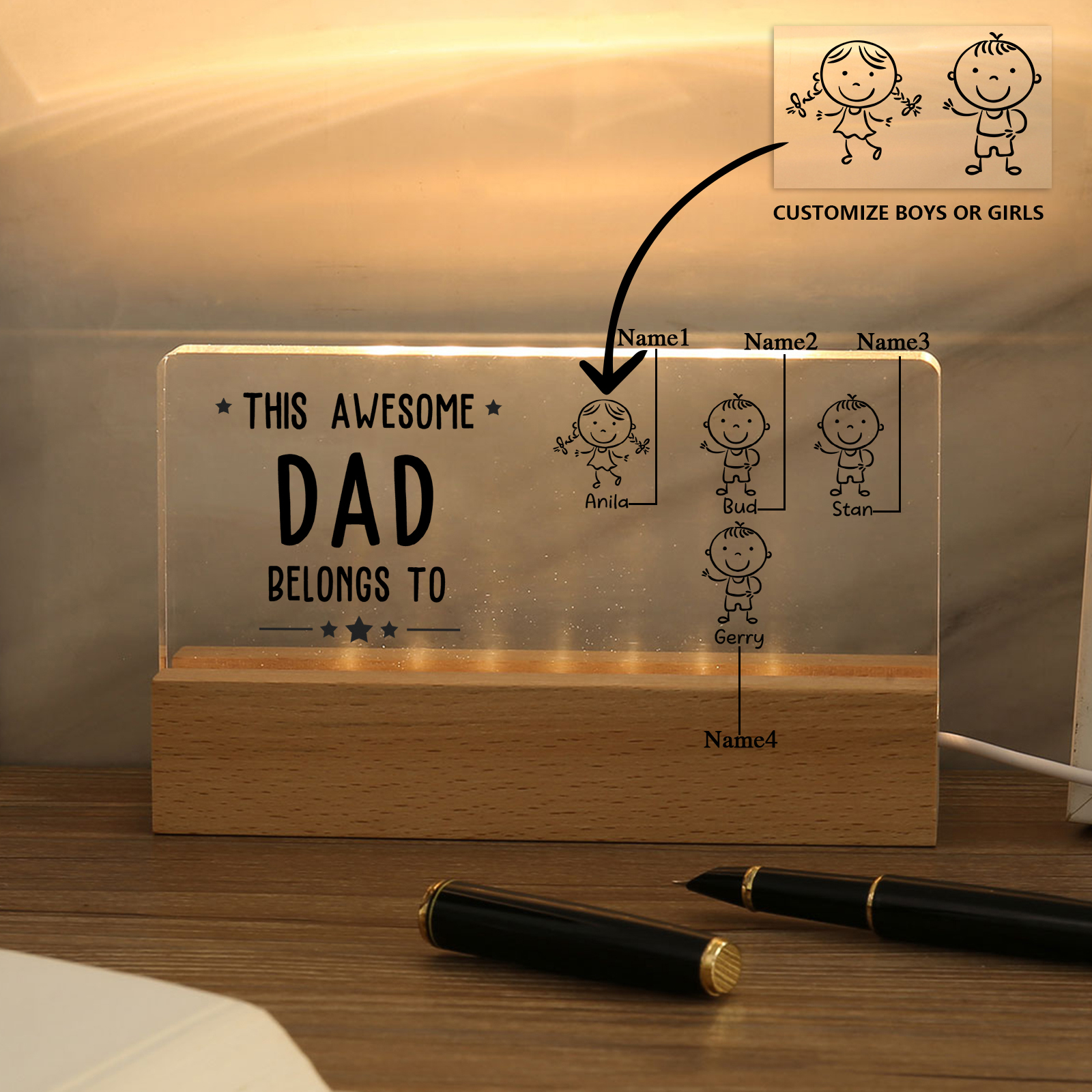 4 Names & Doll Gender - Personalised Lamp -This Awesome Dad  Belongs To - Father's Day Gift for Dad
