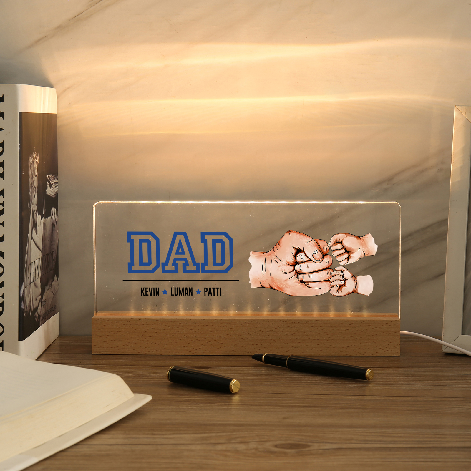 3 Names - Personalised Fist Bump Table Lamp - Dad's Dream Team - Father's Day Gift for Dad