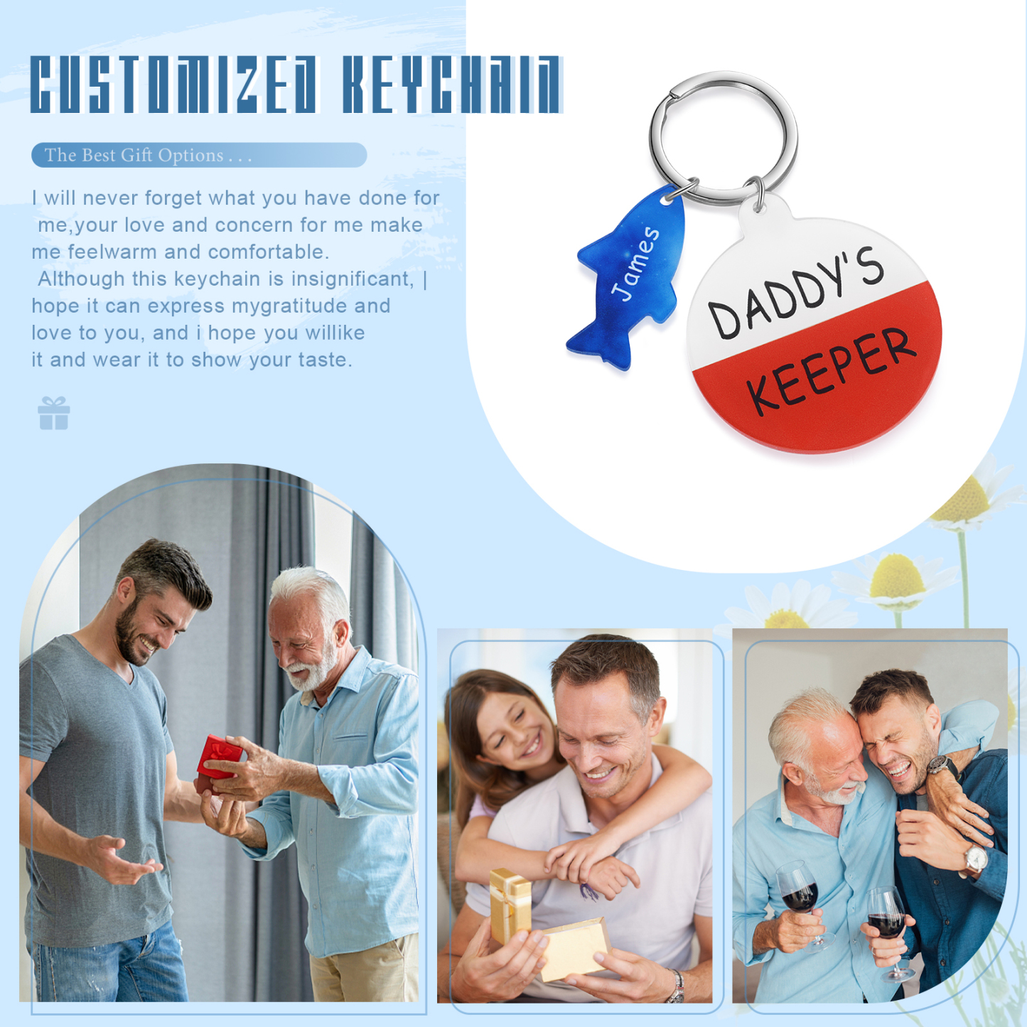 1 Name - Personalised Fish Keyring with Custom Text and Name Father's Day Gift for Dad