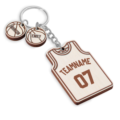Personalised Text & Numbers & 2 Names Wooden Basketball Keyring for Him