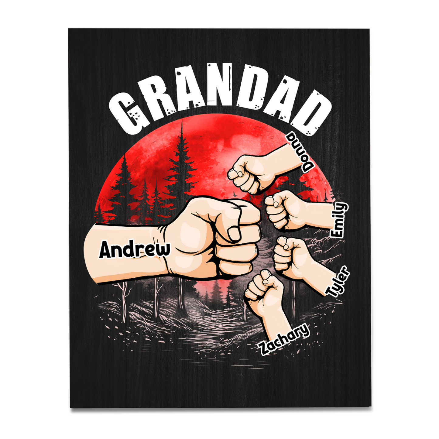 5 Names - Personalised Wooden Ornament Fist Bump Red Forest Style Engraved Name and Text Ornament for Dad