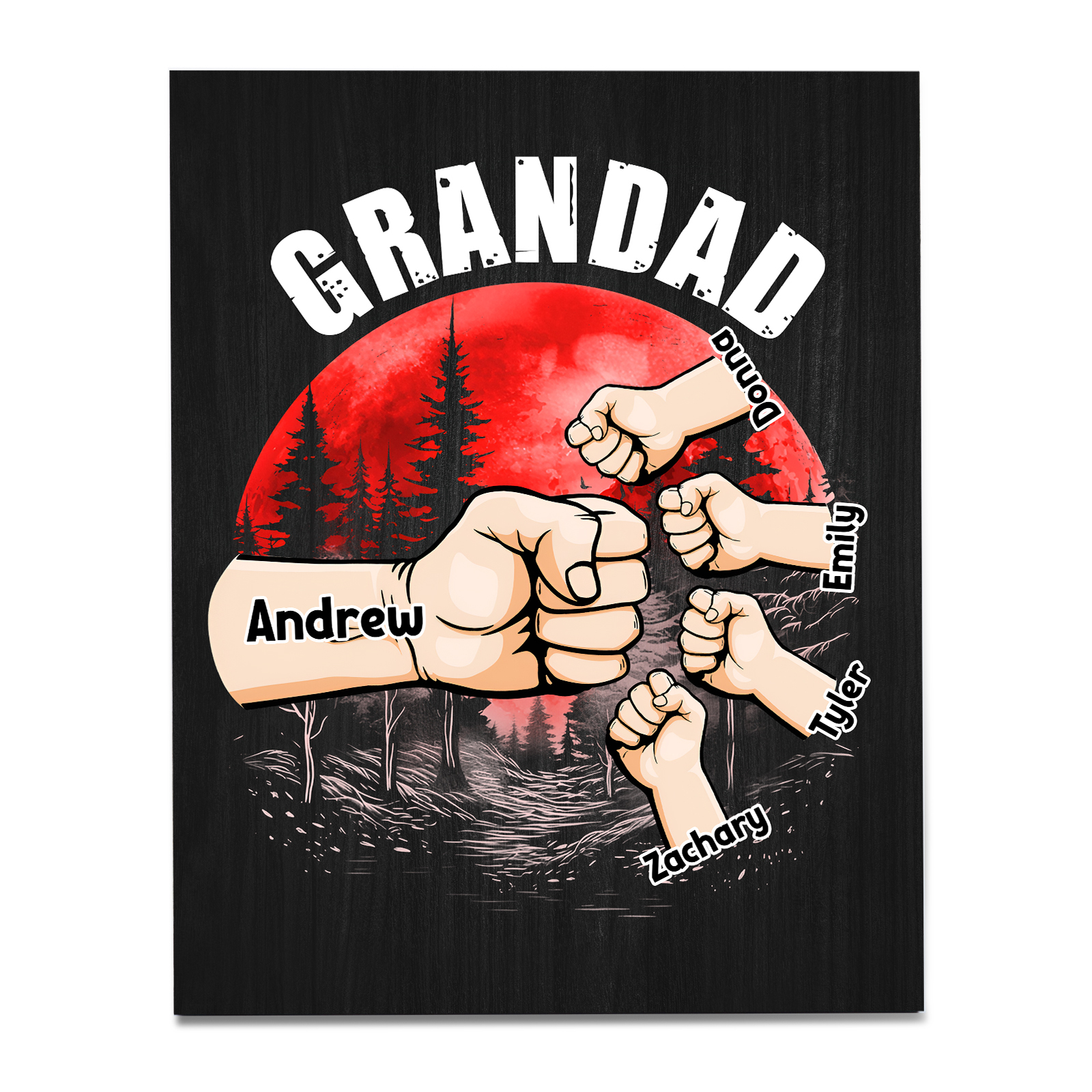 5 Names - Personalised Wooden Ornament Fist Bump Red Forest Style Engraved Name and Text Ornament for Dad