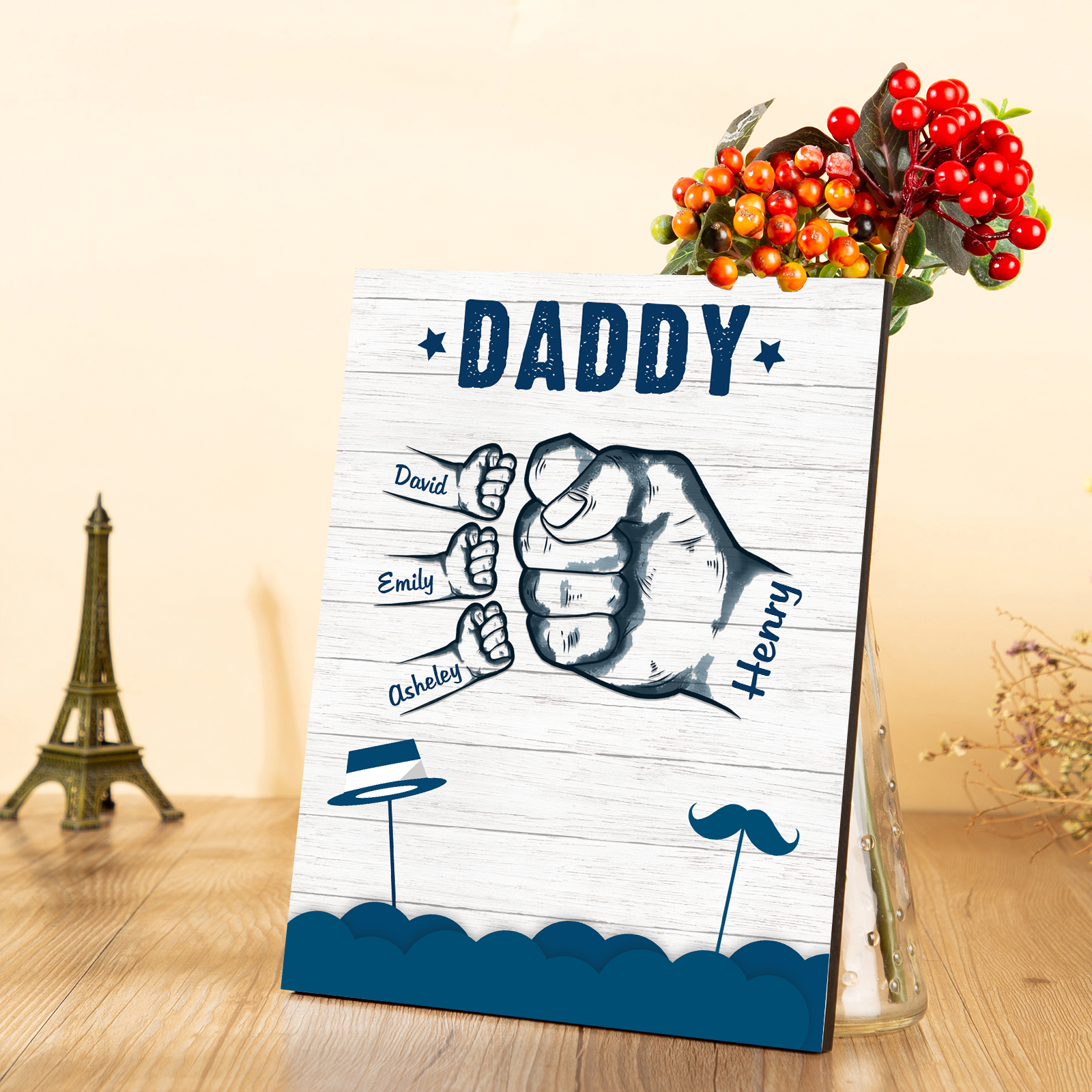 4 Names - Personalised Wooden Ornament Fist Bump Style Engraved Name and Text Ornament for Dad