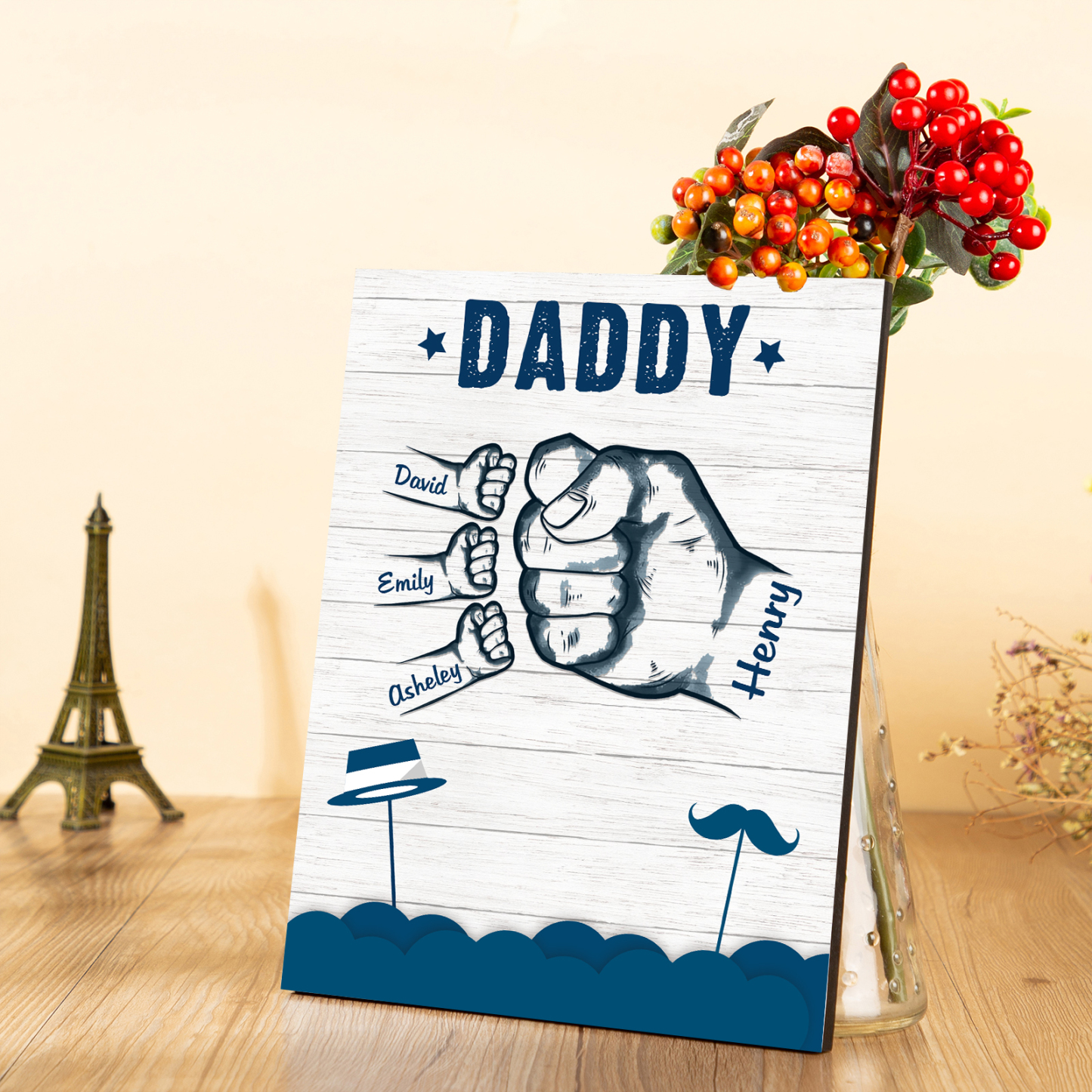 4 Names - Personalised Wooden Ornament Fist Bump Style Engraved Name and Text Ornament for Dad