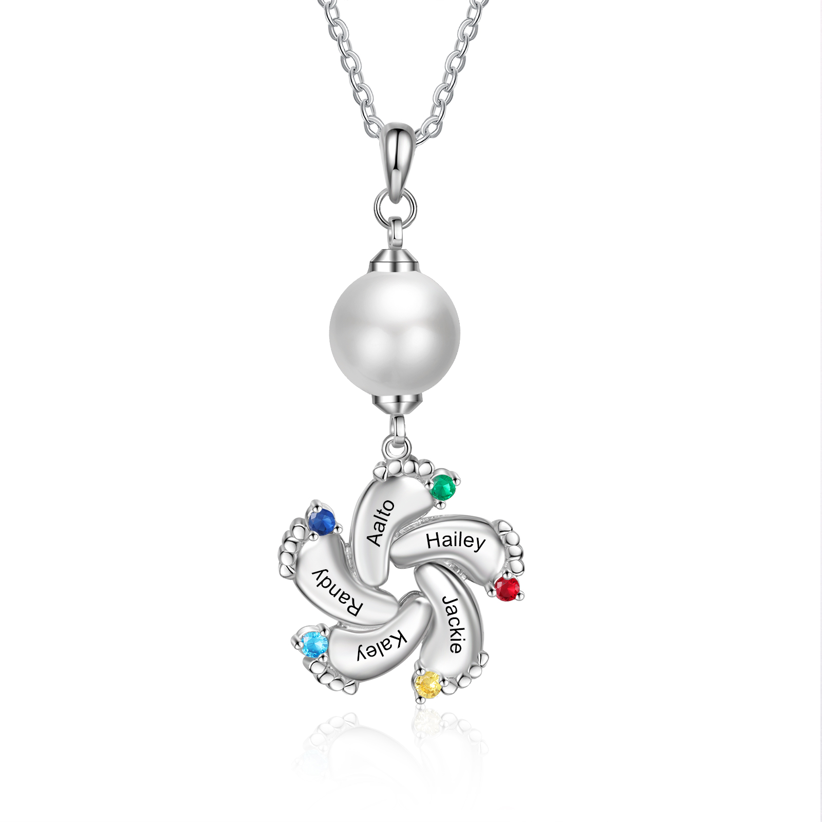 Personalised Baby Feet Pearl Necklace Custom 5 Names & Birthstones Mother Necklace