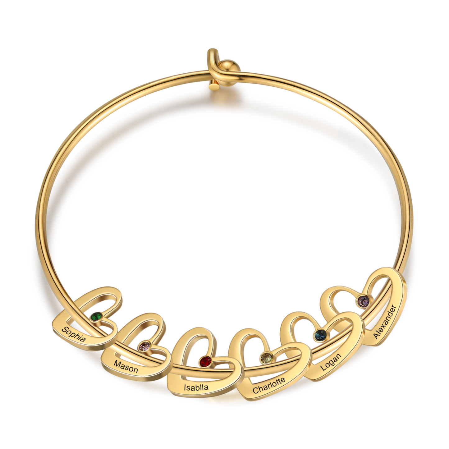 Personalised Heart Bangle With 6 Names and Birthstones Bangle Bracelet Mother's Day Gifts For women