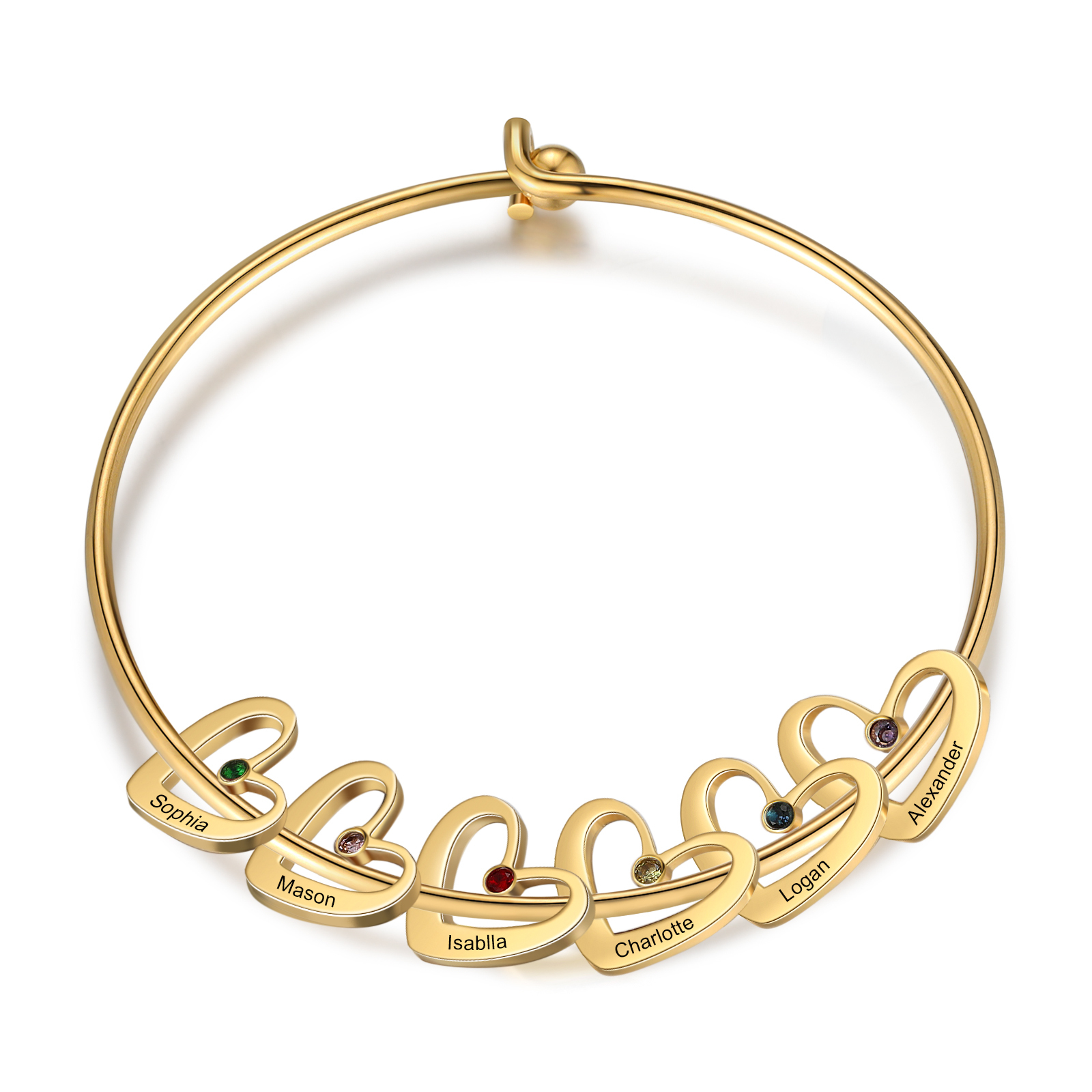 Personalised Heart Bangle With 6 Names and Birthstones Bangle Bracelet Mother's Day Gifts For women