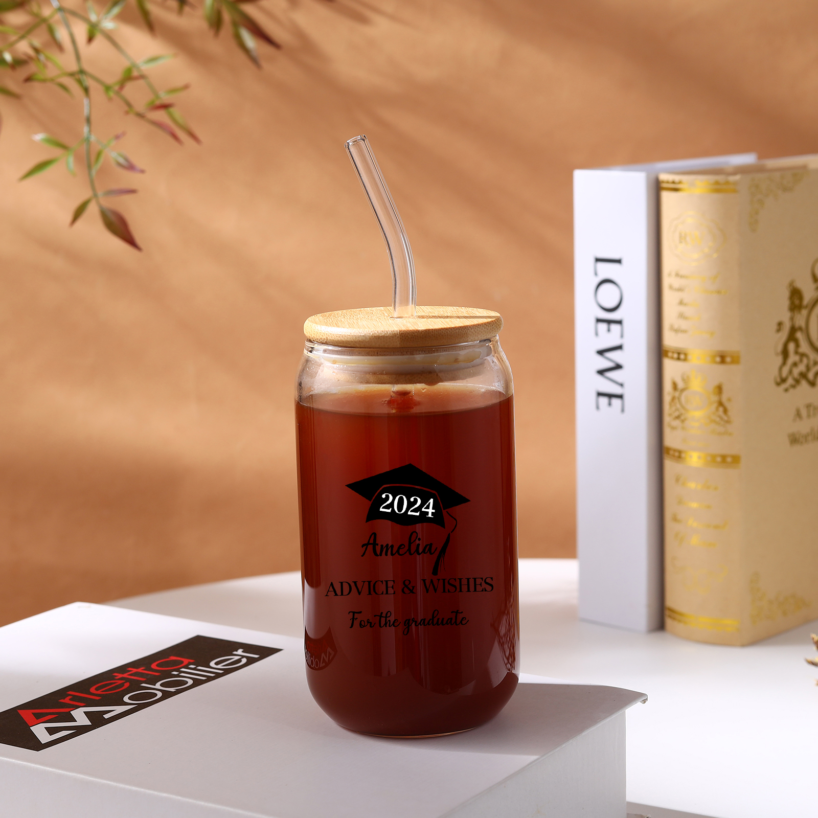 2024 Graduation Gift - Personalised Custom Text, Name and Year Glass with Glass Straw