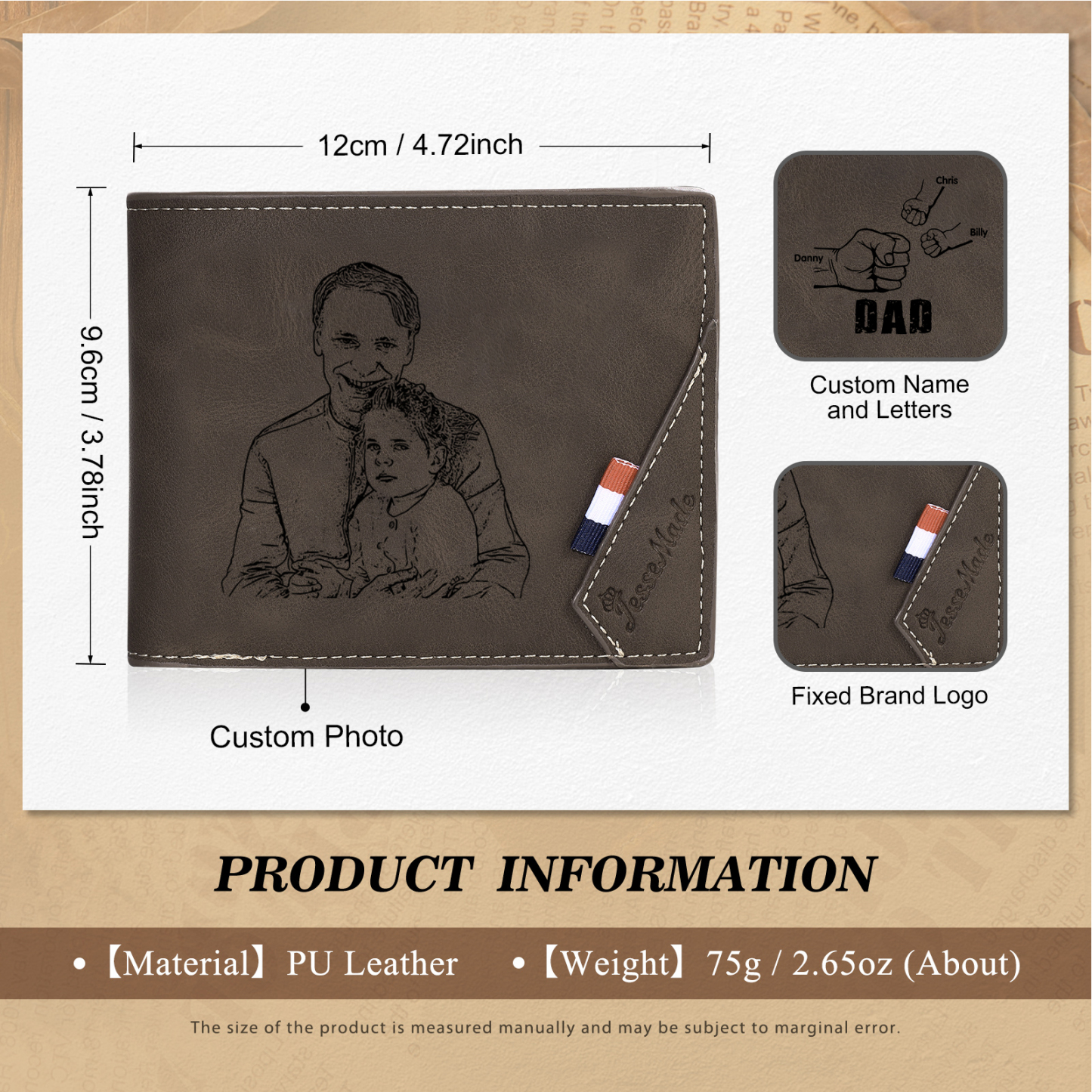3 Names - Personalised Fist Bump Photo Custom Leather Men's Wallet as a Father's Day Gift for Dad