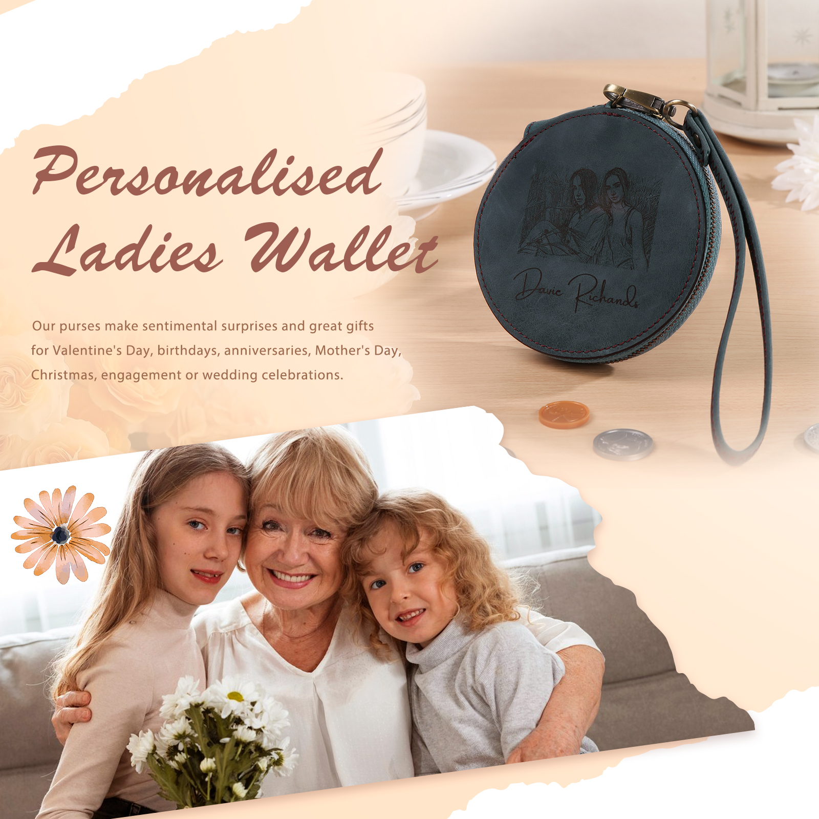 Custom Purse-Personalised Photo Quality Leather Round Zipper Wallet Custom Text Wallet Gift for Her