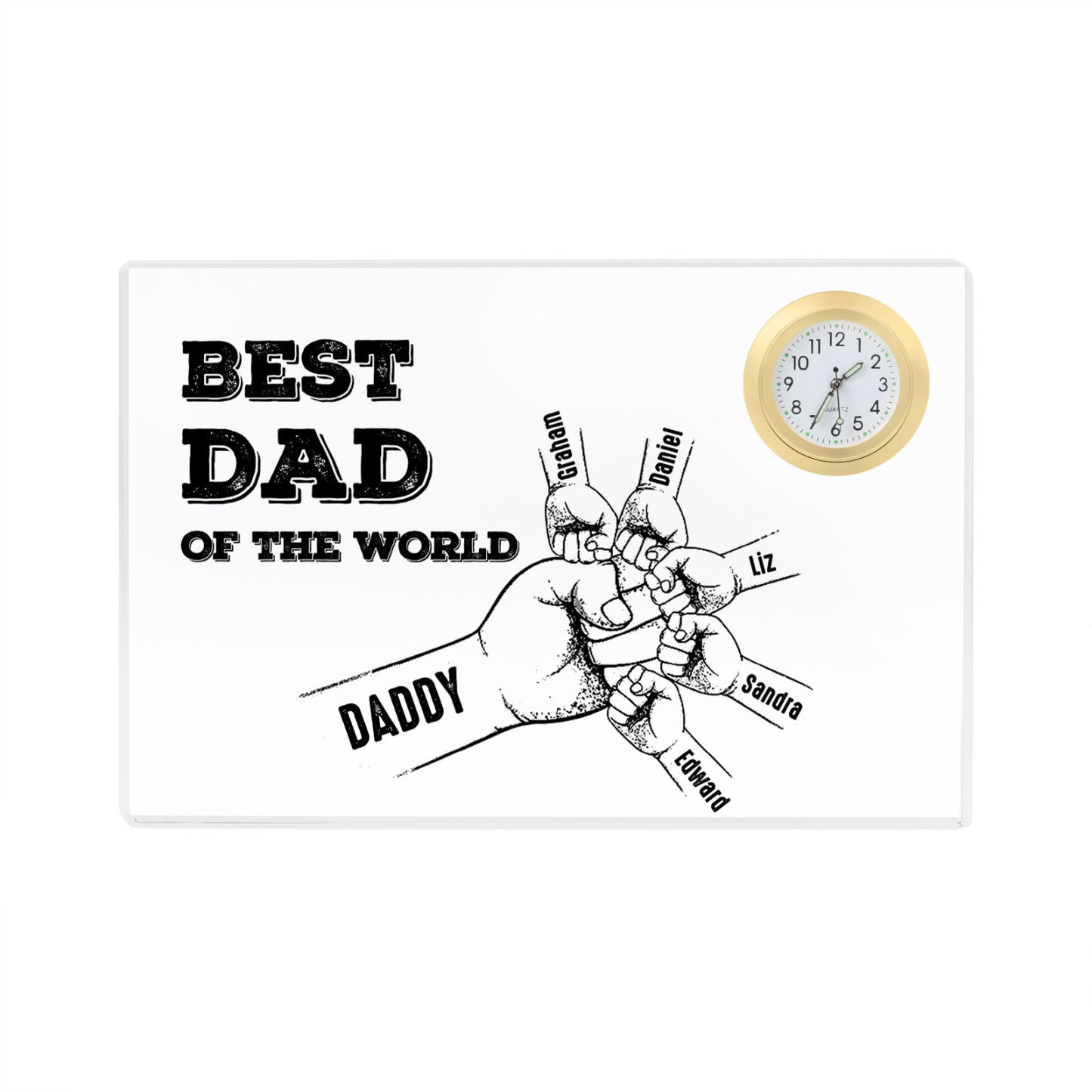 6 Names - Personalised Fist Bump Acrylic Rectangular Clock Ornament Father's Day Gift for Dad
