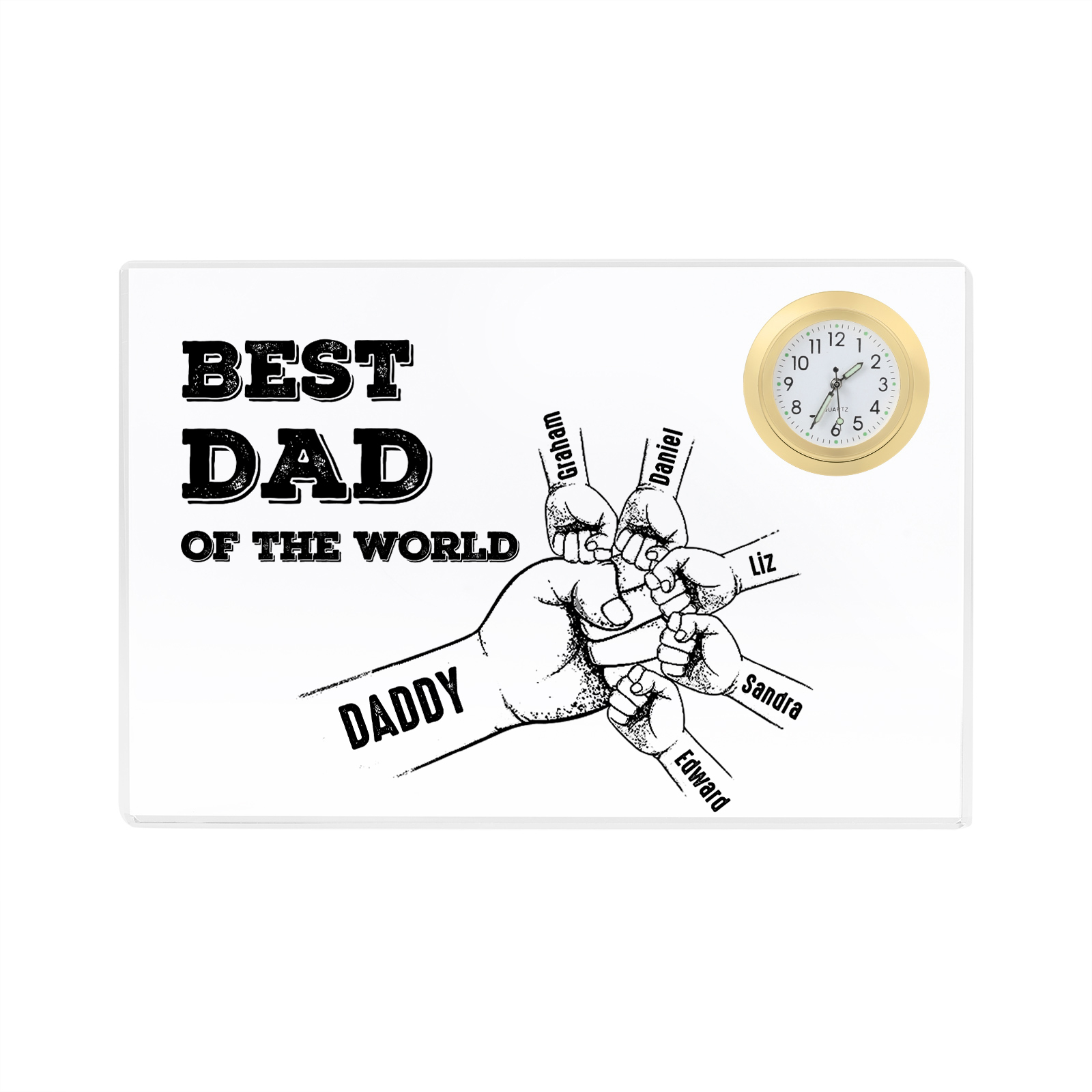 6 Names - Personalised Fist Bump Acrylic Rectangular Clock Ornament Father's Day Gift for Dad