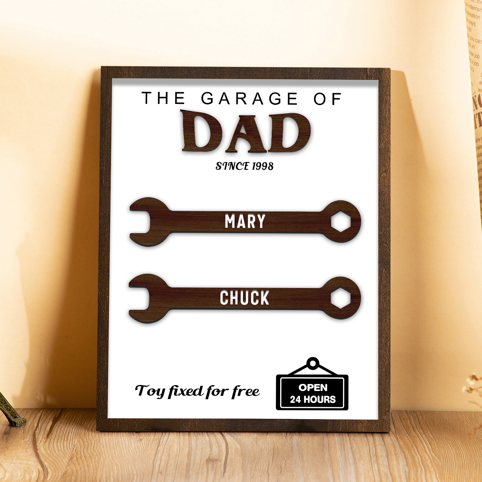 2 Names - Personalised Repair Tool Style Home Photo Frame Wooden Decor Father's Day Gift for Dad