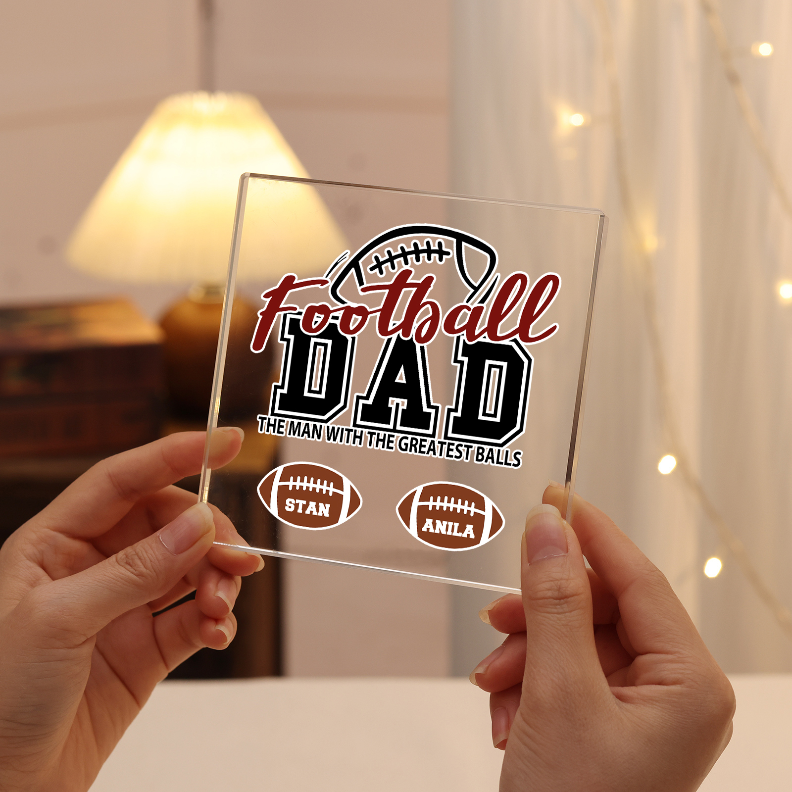 2 Names - Personalised Football Acrylic Keepsake Customized Name Acrylic Plaque Decoration Father's Day Gift for Dad