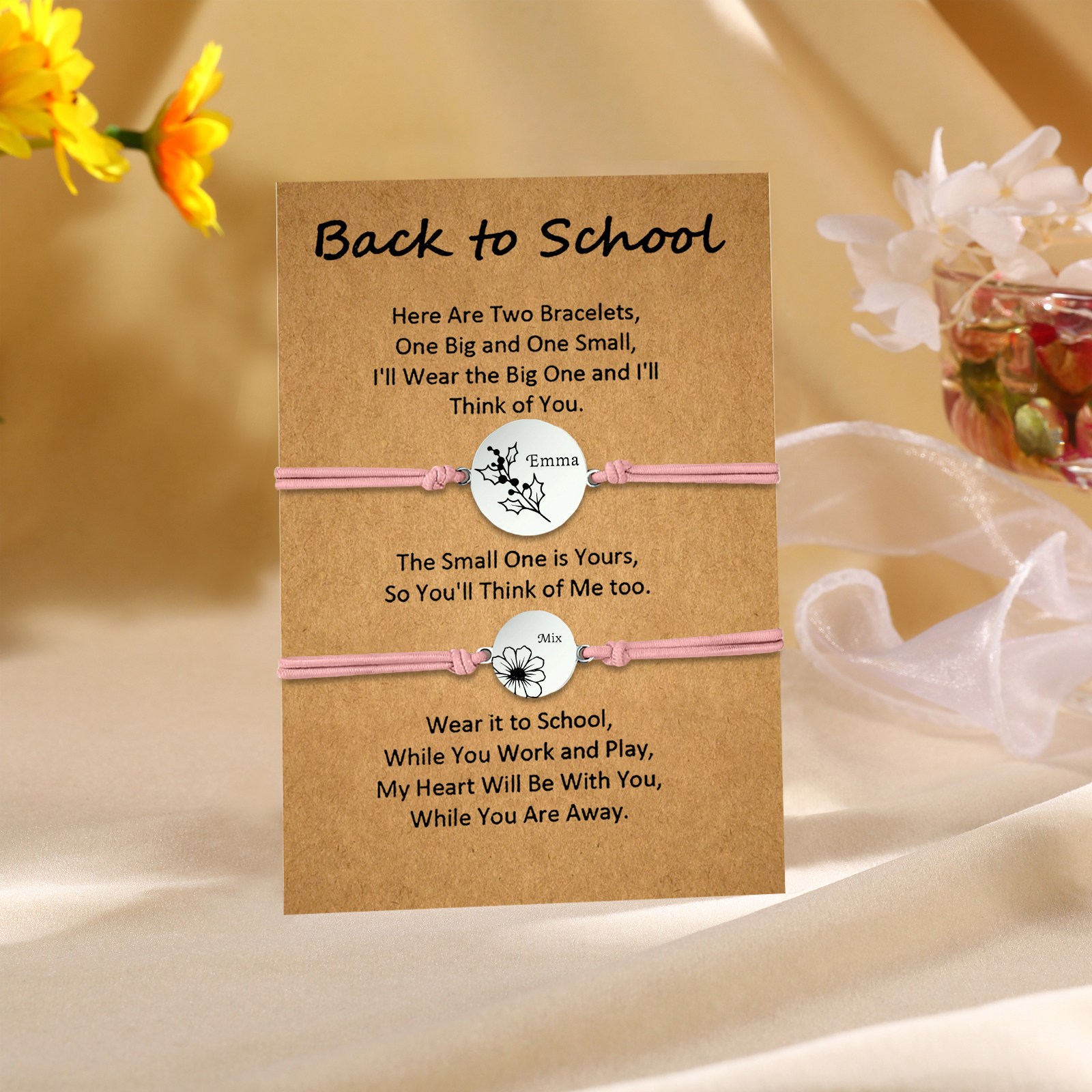 2 PCS Personalized 2 Birthflowers & 2 Names Elastic Stainless Steel Bracelet Back to School Gift for Daughter