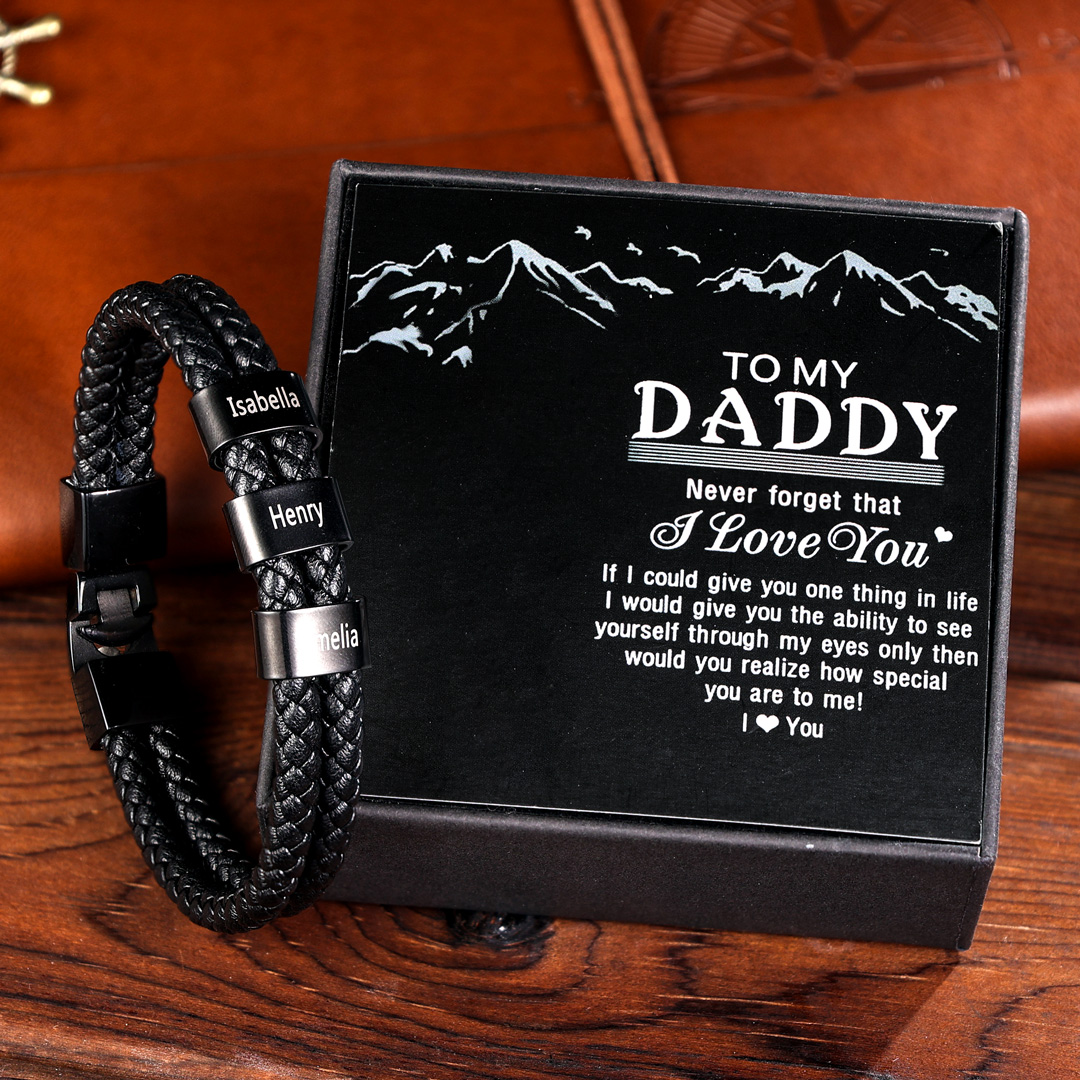 Personalised Braided Leather Bracelet Engraved 3 Names Men's Bracelet for Him