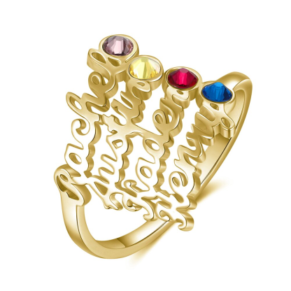 Personalised Birthstone Ring Custom 4 Names Ring Best Gift For Women