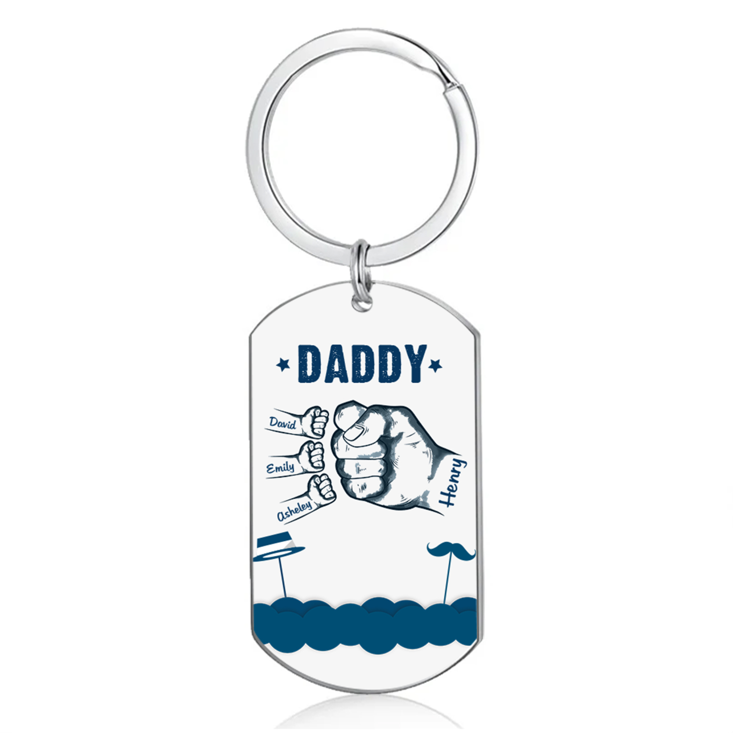 4 Names - Personalised Custom Fist Bump Keyring Hat and Beard Style Keyring Gift for Dad