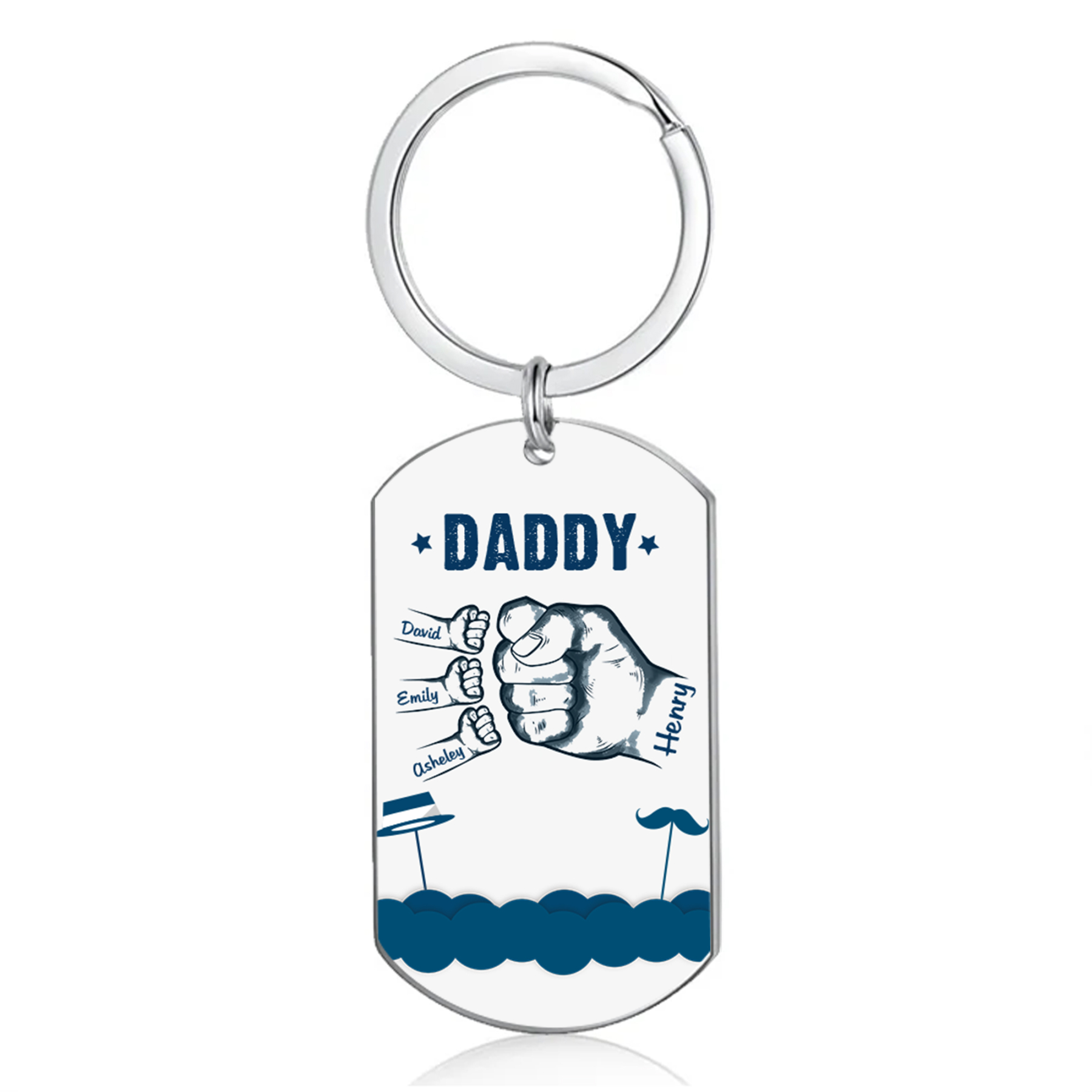 4 Names - Personalised Custom Fist Bump Keyring Hat and Beard Style Keyring Gift for Dad