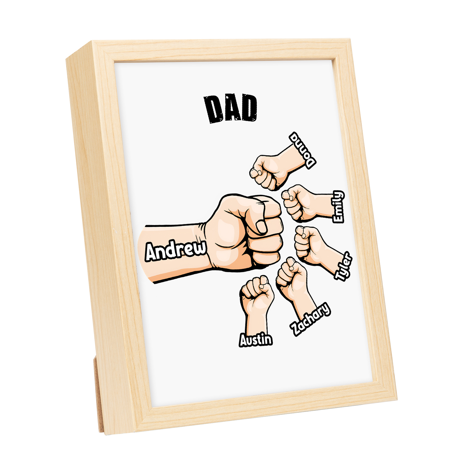 6 Names-Personalised Fist Dad LED Light Wooden Photo Frame -Custom Text & Names, Adjustable 3 Colors