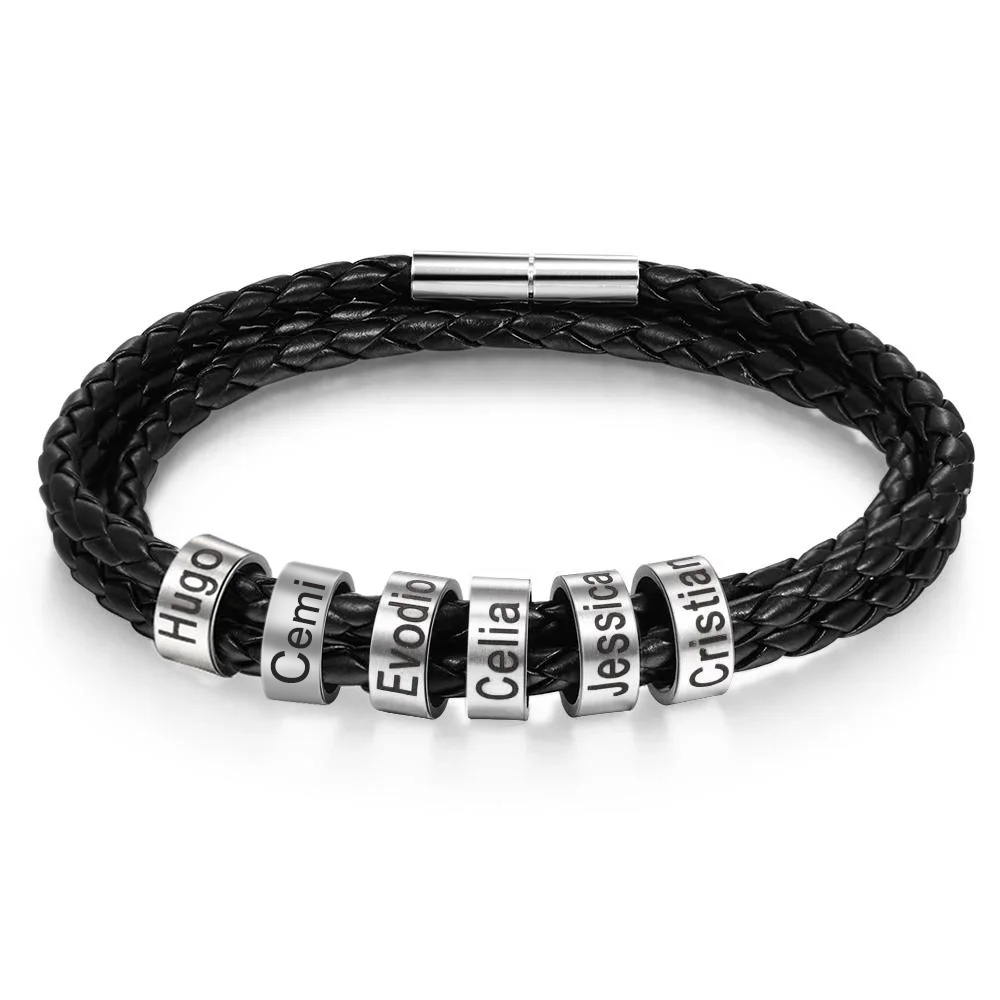 Personalized Men Braided Leather Bracelets with 2-6 Beads Bracelet Gifts for Him