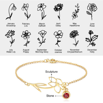 Personalised Birthflower Bracelet With 1 Birthstone Gift For Women