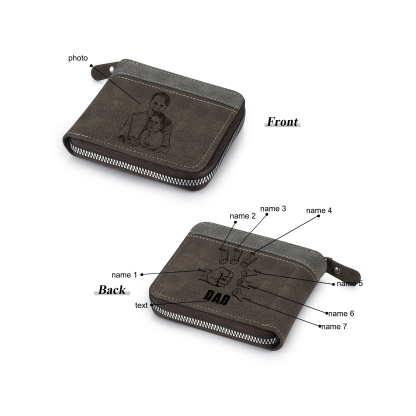 7 Names - Personalised Fist Bump Photo Custom Leather Men's Zipper Wallet as a Father's Day Gift for Dad