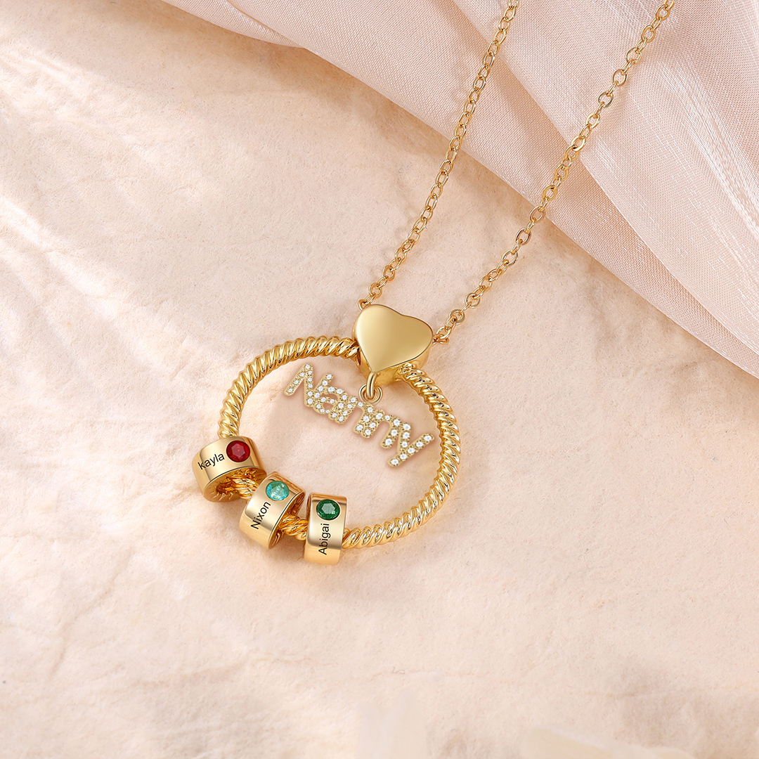 3 Names-Personalised Nanny Circle Necklace With 3 Birthstones Pendant Engraved Names Gift For Nanny