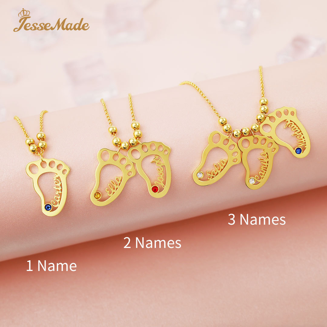 Personalised Baby Foot Necklace With 5 Birthstones Engraved Names Gift For Mother