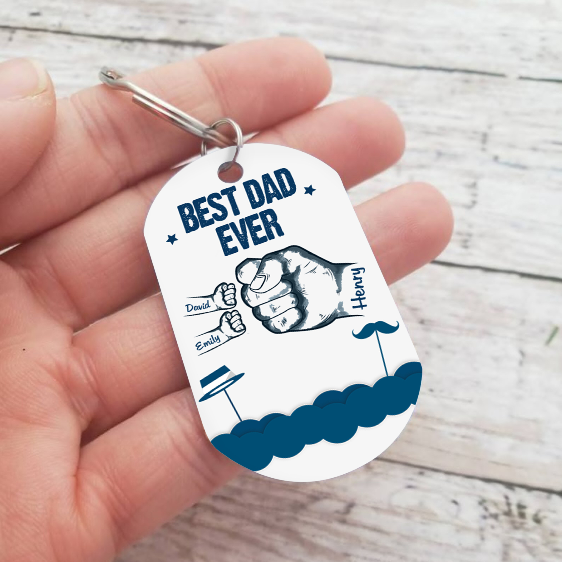 3 Names - Personalised Custom Fist Bump Keyring Hat and Beard Style Keyring Gift for Dad