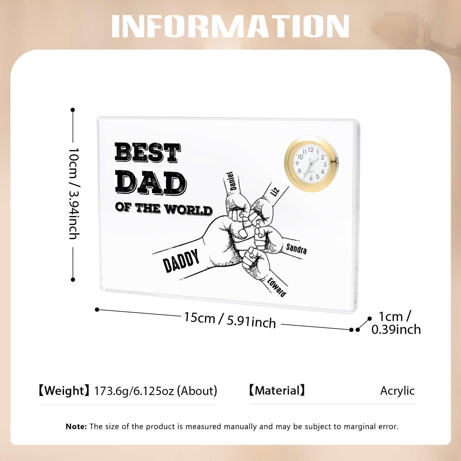 5 Names - Personalised Fist Bump Acrylic Rectangular Clock Ornament Father's Day Gift for Dad