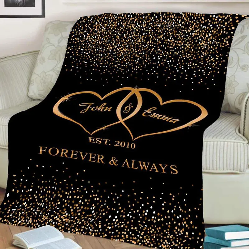 Couple Personalised Soft Throw Blankets With Custom Names and Date - Valentine's Day Gifts for Him Her