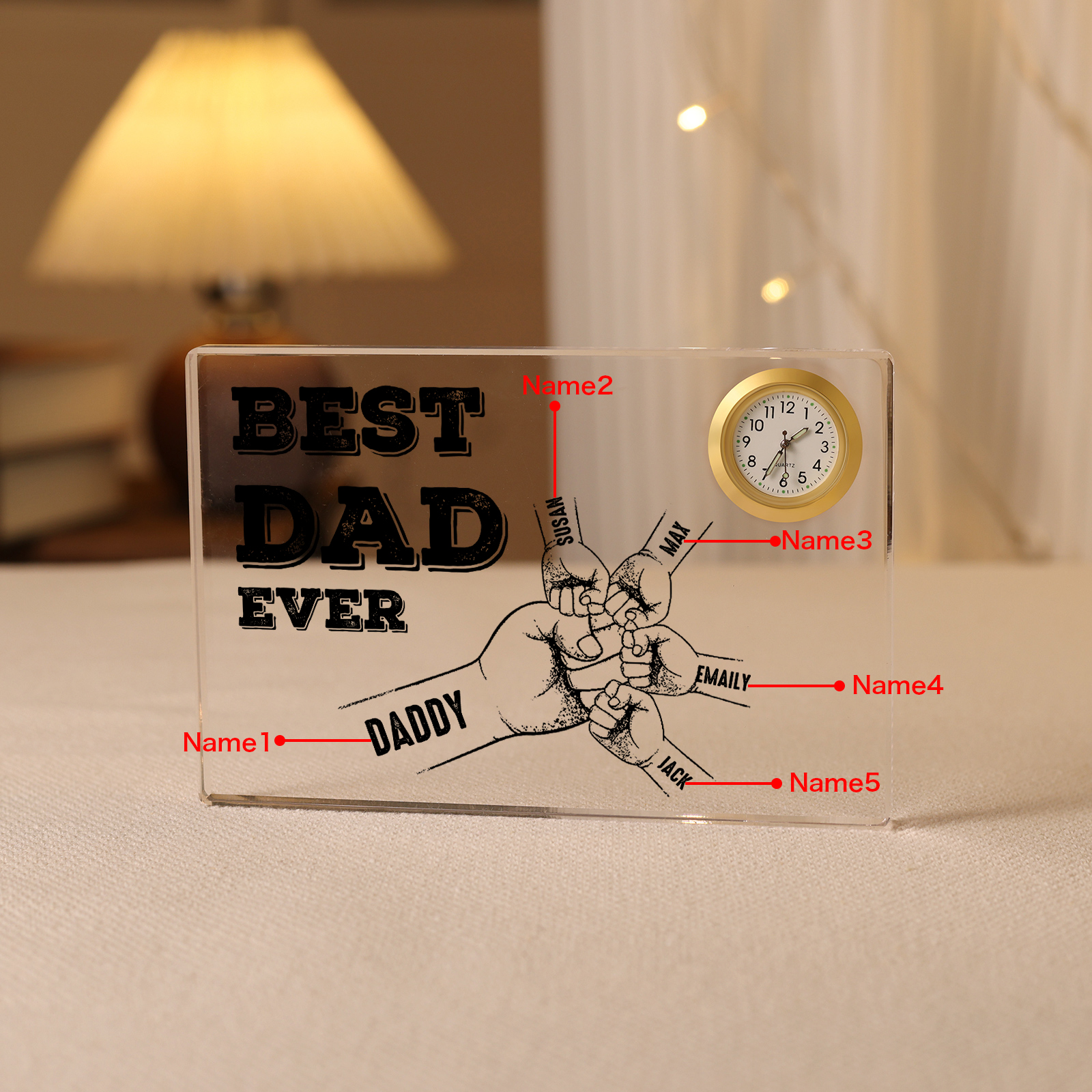 5 Names - Personalised Fist Bump Pattern Custom Name Acrylic Rectangular Clock Ornament Father's Day Gift