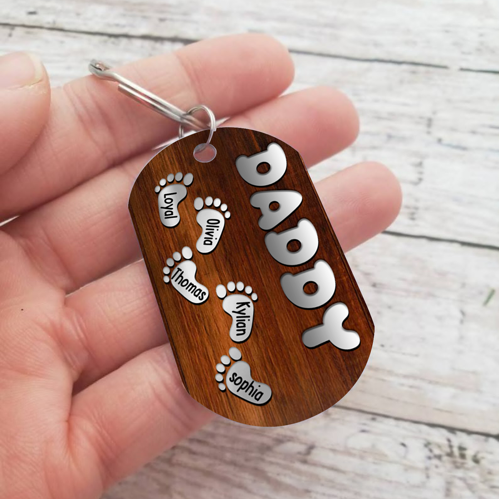 5 Names - Personalised Custom Footprint Pattern Keyring Custom Name and Text Gift for Dad