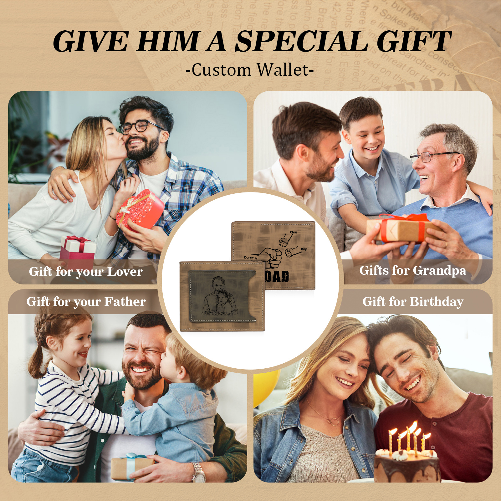 3 Names - Personalised Photo Custom Leather Men's Wallet as a Father's Day Gift for Dad