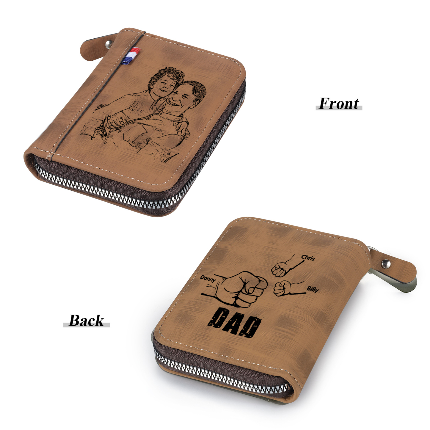 3 Names - Personalised Fist Bump Fist Bump Photo Custom Leather Men's Zipper Wallet as a Father's Day Gift for Dad