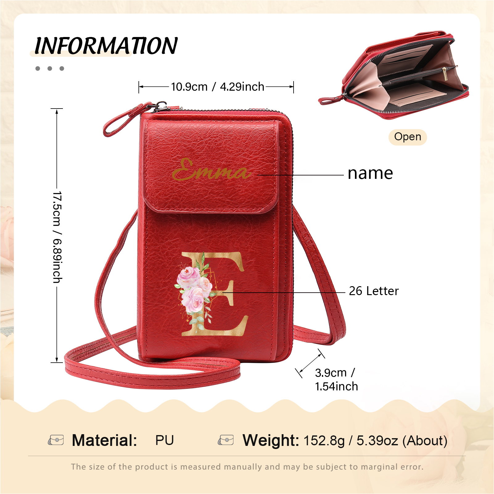 Custom Purse-Personalised Women's Leather Wallet Custom Letter & Name Mobile Phone Wallet Zipper Crossbody Bag