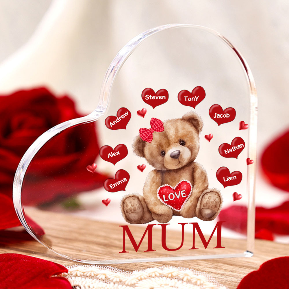 8 Names-Personalised Mum Acrylic Heart Keepsake Custom Text Love Teddy Bear Ornaments Gifts Set With Gift Box for Grandma/Mother
