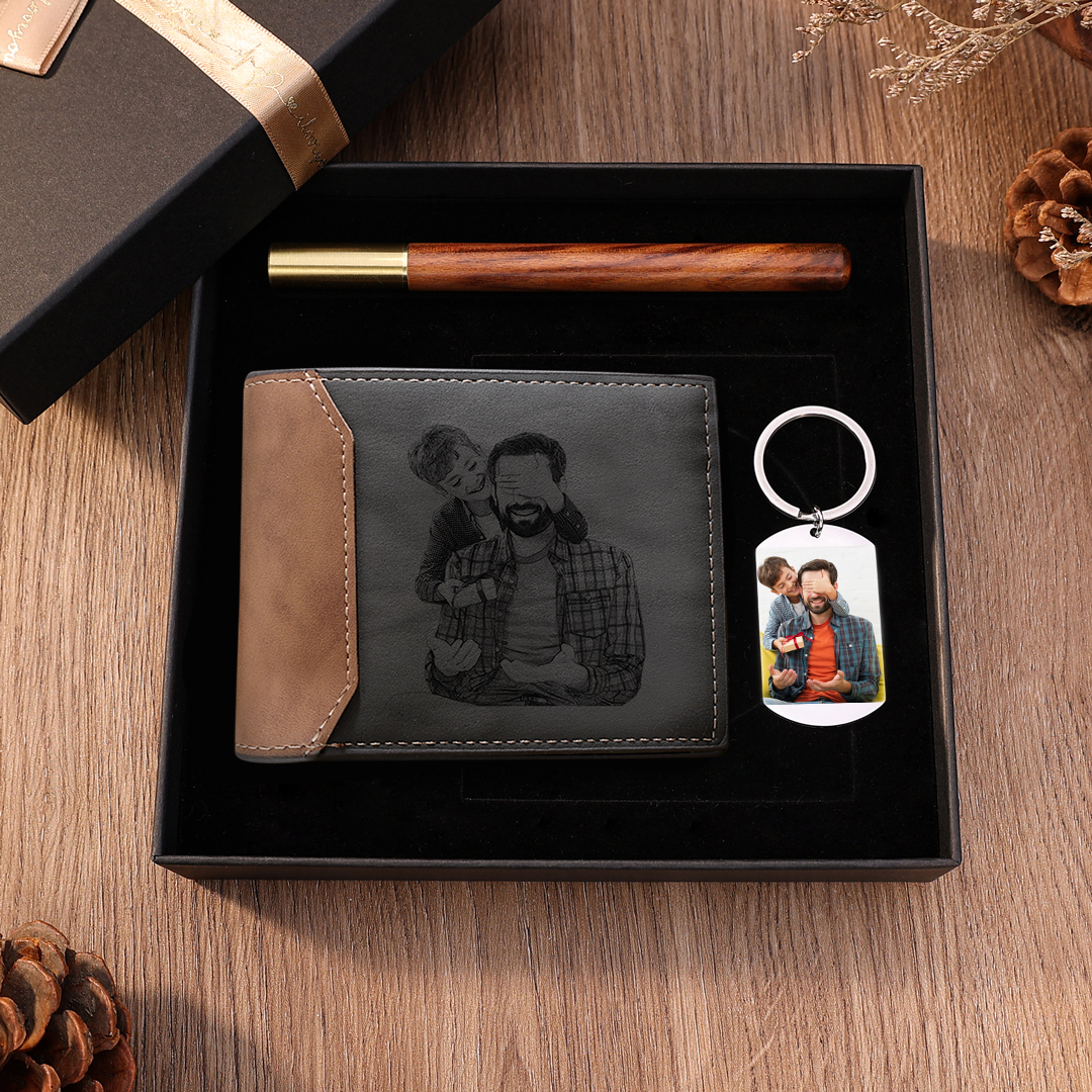 Personalised 2 Photos & 2 Text Set Custom Grey Wallet & Keychain & Pen Gift Box Set Father’s Day Gift