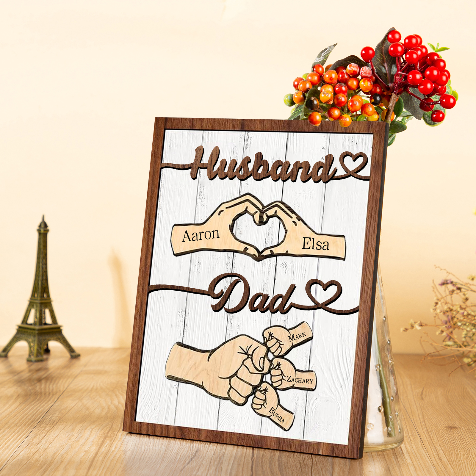 5 Names - Personalised Fist Bump Home Wooden Decor Father's Day Gift for Dad