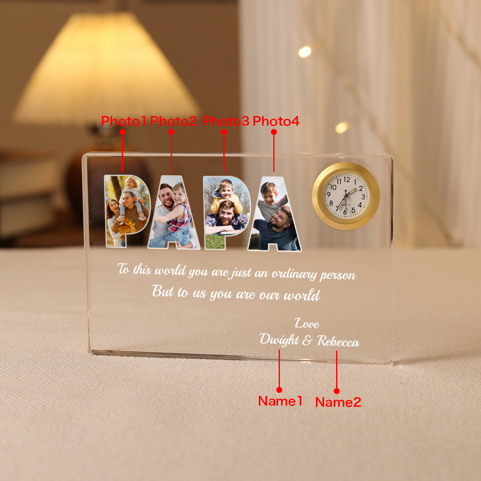 4 Photos - Personalised Custom Photo and Name Rectangular Clock Acrylic Keepsake Father's Day Gift for Dad