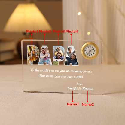 4 Photos - Personalised Custom Photo and Name Rectangular Clock Acrylic Keepsake Father's Day Gift for Dad